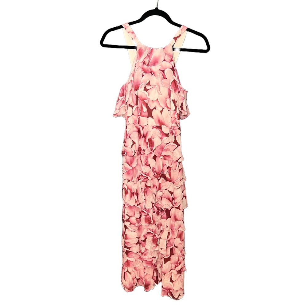 Shoshanna midnight halter neck floral ruffle dress -pink